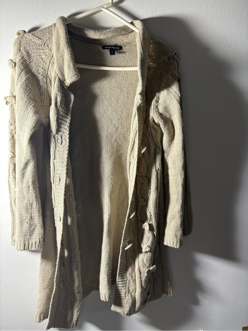 Peppe Peluso Small Beige Cable Knit Long Cardigan Sweater Bow Details